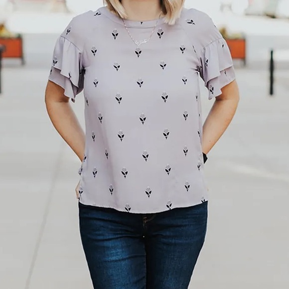 LOFT Lavender Ruffle Sleeve Top - Picture 2 of 5